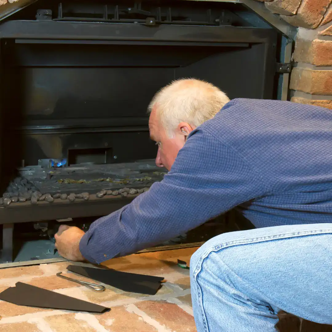 man cleaning gas fireplace